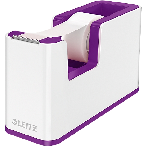 Dévidoir de ruban adhésif blanc et violet de Leitz, le ruban adhésif est déroulé.