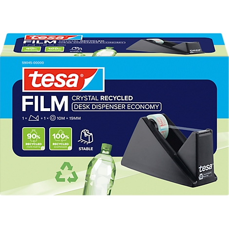Emballage de film Tesa avec distributeur de ruban adhésif. Les mots "Crystal Recycled" et "Desk Dispenser Economy" sont sur l'emballage.
