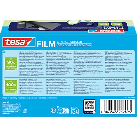 Dos de l'emballage de film tesa détaillant les informations de recyclage. Le texte en haut indique "tesa FILM CRYSTAL RECYCLED".