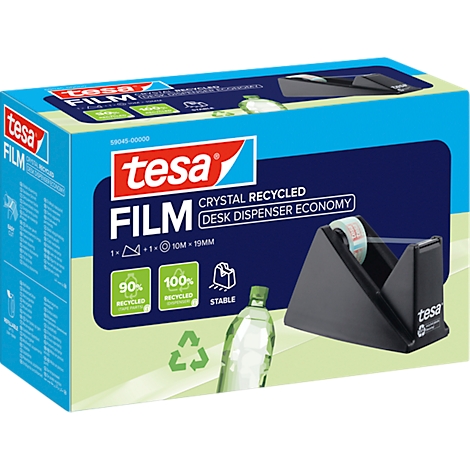 Emballage Tesa Film bleue et blanche. Dessus : Tesafilm, Crystal Recycled Desk Dispenser Economy. Droite : Dérouleur de ruban adhésif noir et bouteille verte.