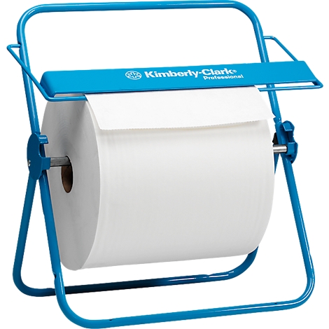 Distributeur d'essuie-mains en papier bleu avec le logo Kimberly-Clark. Un rouleau d'essuie-mains en papier blanc est inséré.
