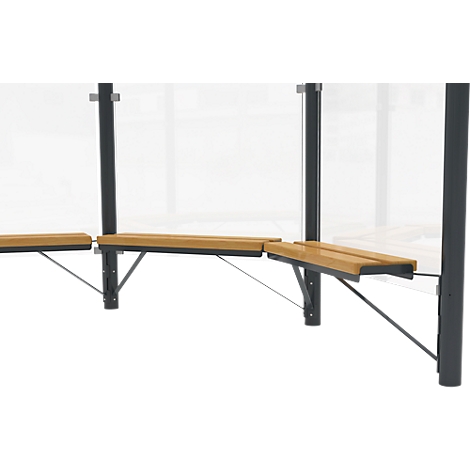 Benches with wooden seats and black metal supports, in front of glass walls.