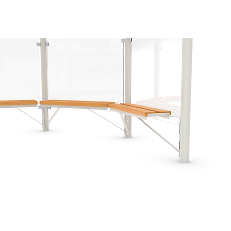 Wooden benches with a white frame in a bus stop. The background is blurred.