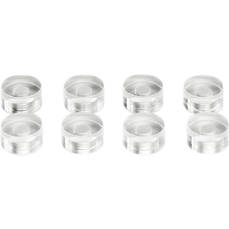 Eight clear, round objects with a raised central part, arranged side by side.