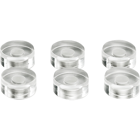 Six transparent, round plastic parts with raised centers.
