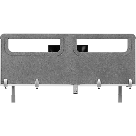 Gray desk divider with cutouts and brackets. The fabric feels soft, attached to metal bars.