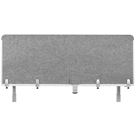 Gray, rectangular desk divider with white frame and clamps on a height-adjustable table frame.