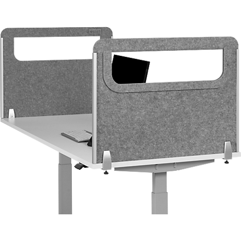 Grey desk partition with monitor cutout, keyboard, white desk, height adjustable.
