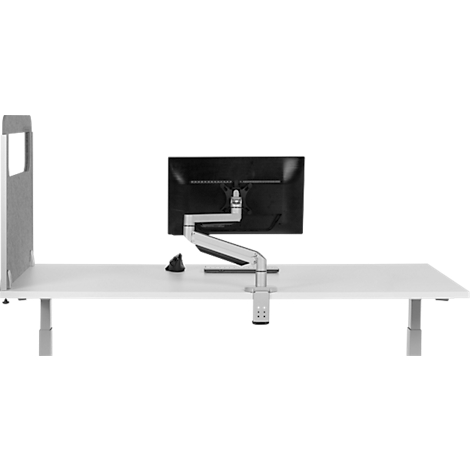 Desk with monitor, mount, mouse, and partition against a white background.