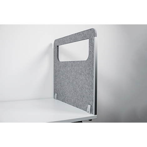 Gray felt desk partition. A rectangular cutout adorns the center. Mounted on a white desk.