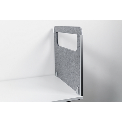 Gray felt desk partition with handle cutout, standing on a white table top.