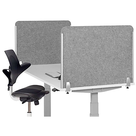 Gray soundproof panels on a white desk with a black office chair. The desk is height-adjustable.