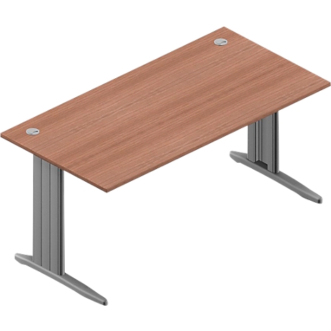 A brown desk with gray legs.