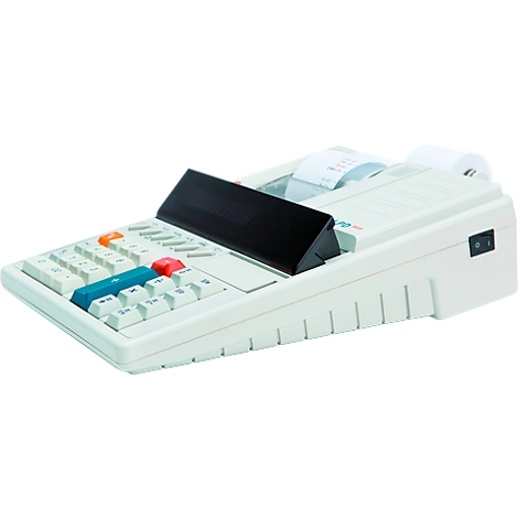 Light gray calculator with keys, black display, and paper printout.