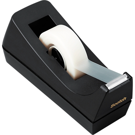 Black tape dispenser with white tape roll. The brand name Scotch is on the front.