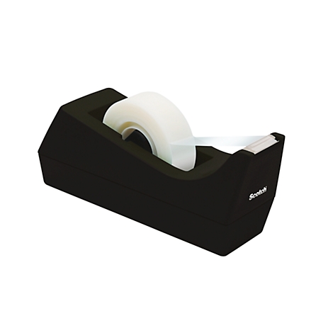 Black tape dispenser with transparent tape, Scotch logo.