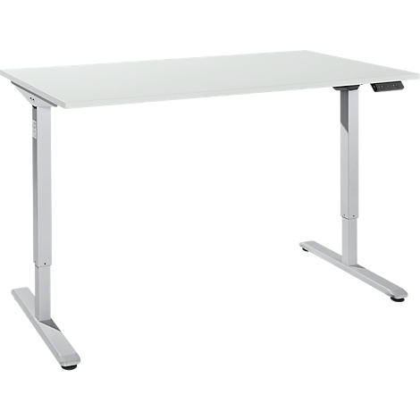 A height-adjustable white desk with gray-silver legs. There is a control on the right side.