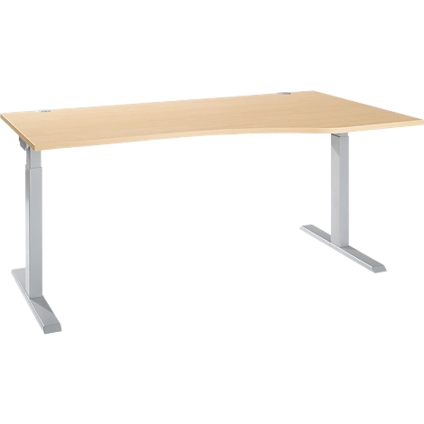 A light-colored, curved desk on silver, height-adjustable legs. The tabletop has a wood look.