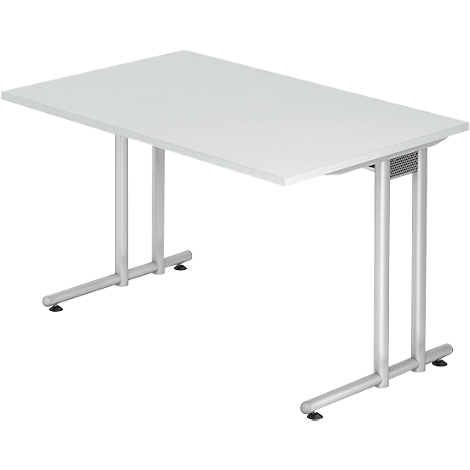 White office desk with silver legs. Rectangular tabletop with straight edges.