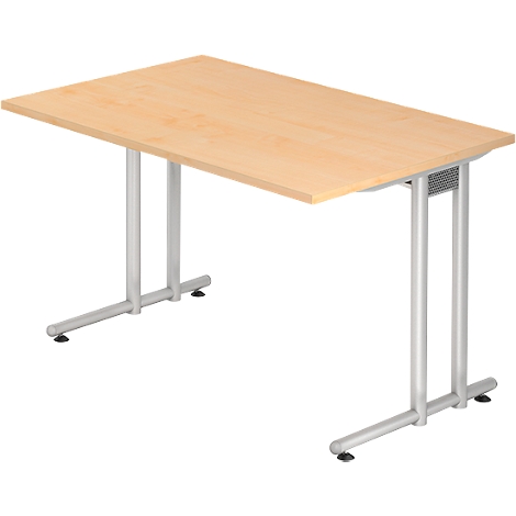 A rectangular, light-colored wooden table with silver-gray metal legs.