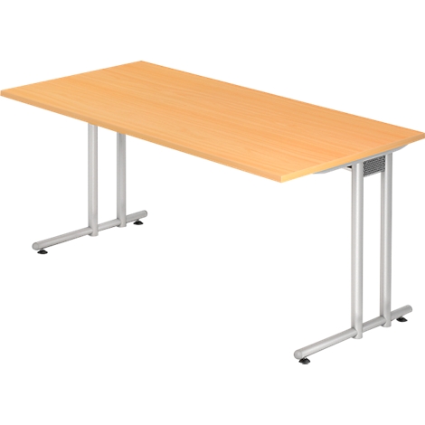 A light, rectangular table with silver legs. The tabletop is made of light wood. The table stands against a white background.