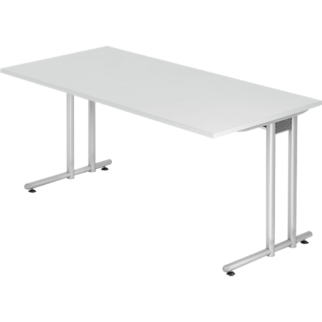 White rectangular conference table with silver-gray legs. The tabletop is slightly inclined and has rounded edges.
