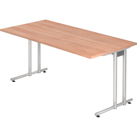 A rectangular wooden table with silver-gray metal legs. Black rubber feet on the table legs.