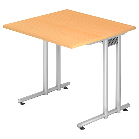 Square wooden table with silver-gray metal legs on a light background.