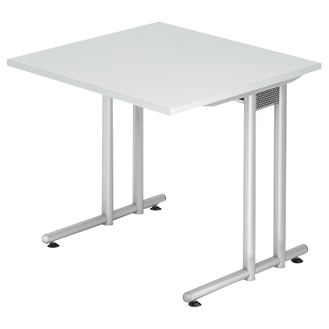 White rectangular table with silver legs. Black pads on the table legs.