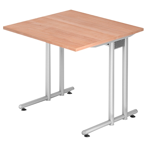A small, rectangular table with a light brown wooden top and silver metal legs. The table legs are T-shaped.