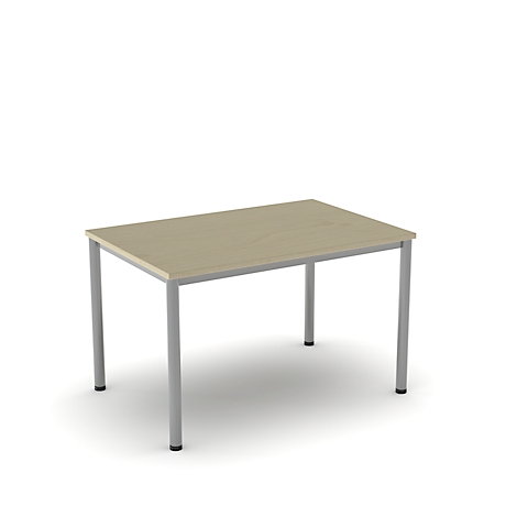 A rectangular table with a light brown table top and silver legs. The background is white.