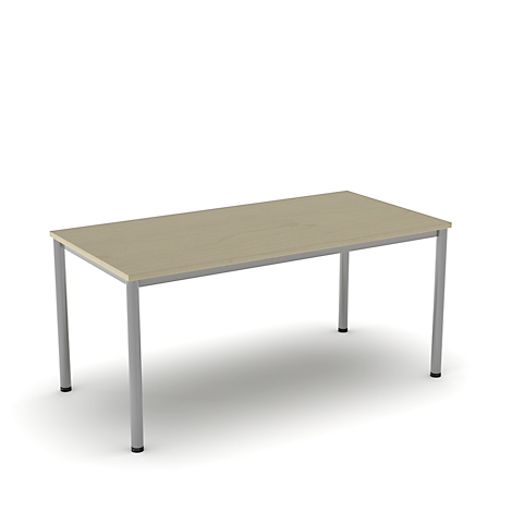 A rectangular table with light wood and silver legs, against a white background.