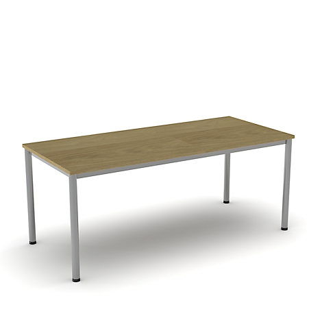 A rectangular table with a light wood top and silver legs. The table stands against a white background.