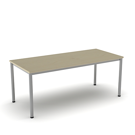 A rectangular table with a light brown tabletop and silver legs. The table is set against a white background.