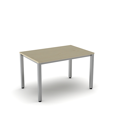 Rectangular table with light wood veneer and silver legs, isolated against a white background.