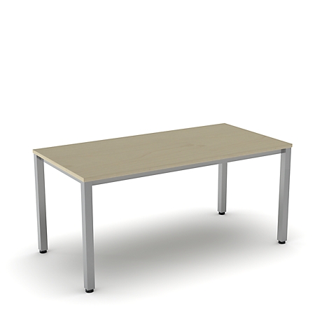 A rectangular, light wood table with silver legs, against a white background.