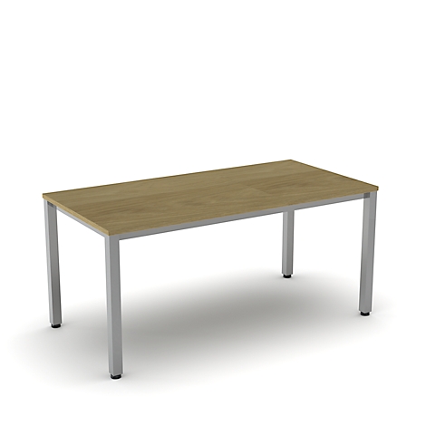 A rectangular table with a light wood top and silver legs on a white background.