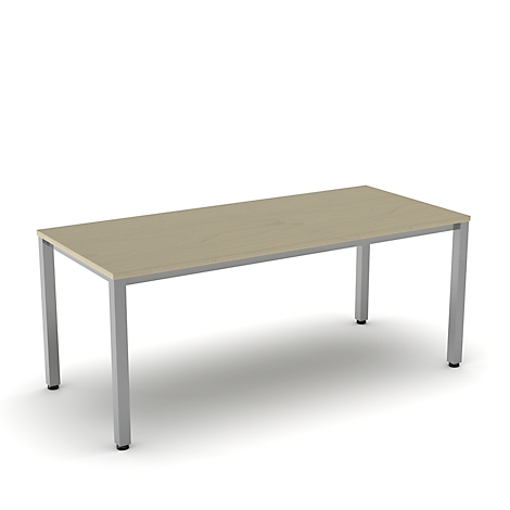 Light brown table with silver legs against a white background.