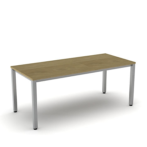 A rectangular table with a wooden top and silver legs on a white background.
