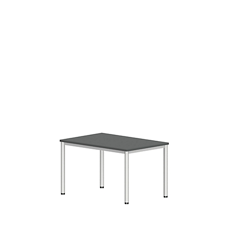 Gray table with silver legs against a white background.