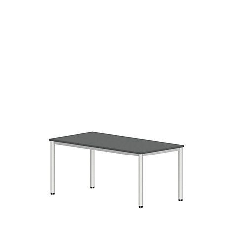 A rectangular table with a gray tabletop and silver legs, against a white background.