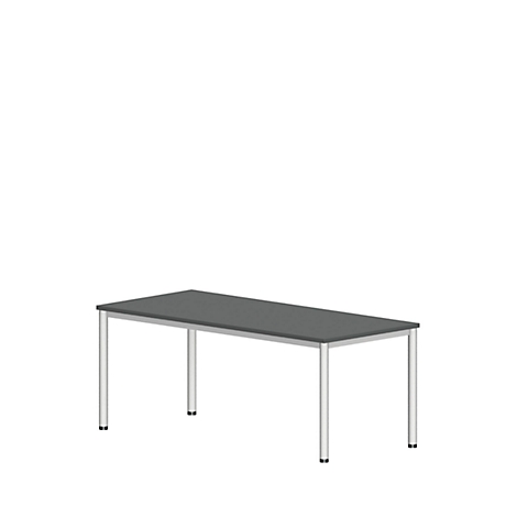 A rectangular table with a gray tabletop and silver legs, against a white background.