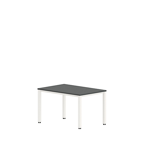 A rectangular table with a gray tabletop and white legs on a white background.