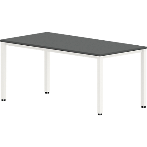 Rectangular table, gray table top, white legs, black feet.