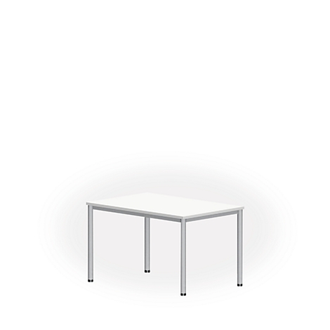 White table with silver legs against a white background. Square tabletop, square legs.