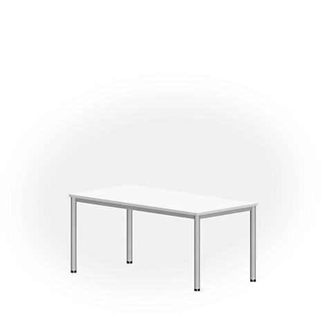 White table with silver legs, in front of a white background.