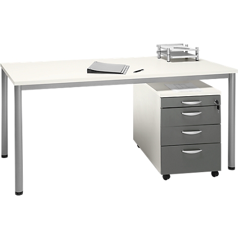 A white desk with silver legs. There is paper, a pen and a file holder on it. On the right is a gray mobile pedestal.
