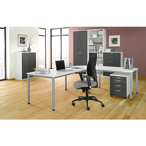 A modern office with desk, office chair, filing cabinet and laptop. Color scheme: gray, white, and pink.