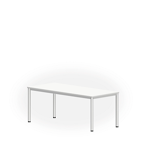 White table with silver legs against a white background.