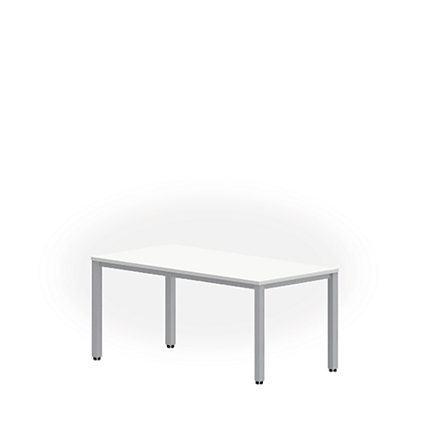 White table with silver legs on a white background.
